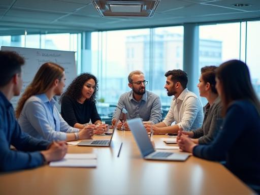 Kala Manch Media team members collaborating in a modern office meeting room.